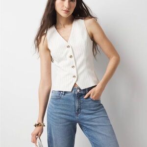 White House Black Market Button-Down Vest in Chalk / Black Pinstripe